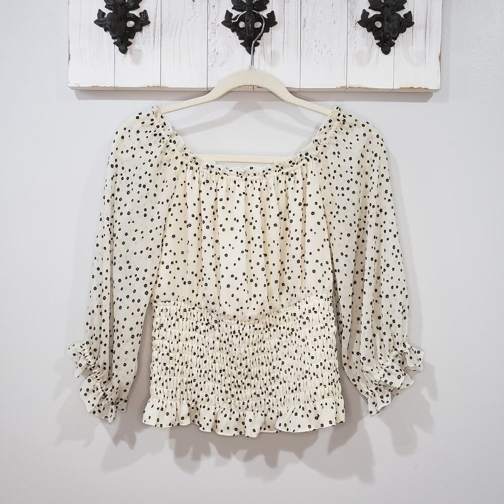 Anthropologie Lucia Off Shoulder Smocked Blouse Cream Black Dot Size S EUC